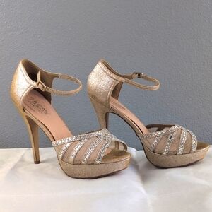 De Blossom Champagne Peep Toe Heels with Rhinestone Embellishments